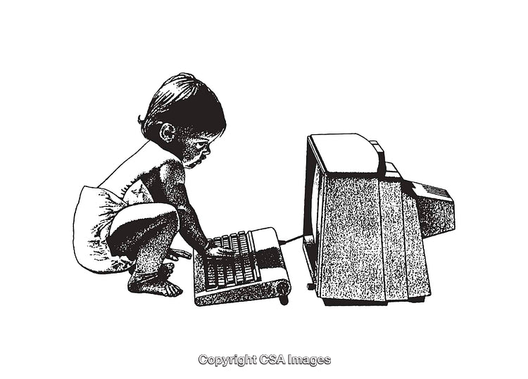 Vintage Line Art of a Child Using a Retro Computer Screen and Keyboard