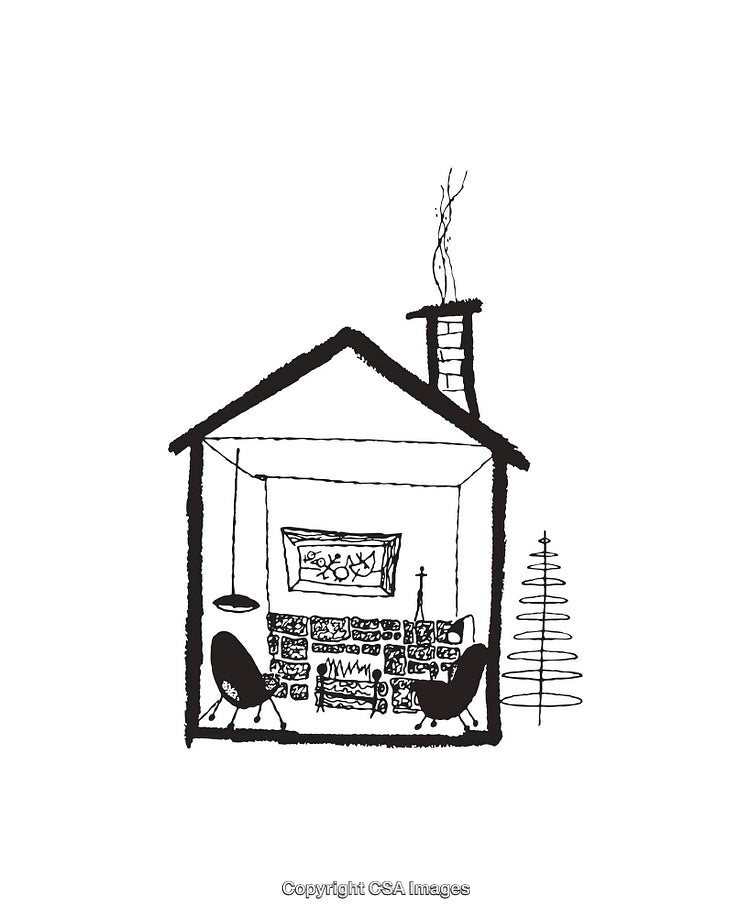 Cozy Interior Line Art with Fireplace and Minimalist Decorations