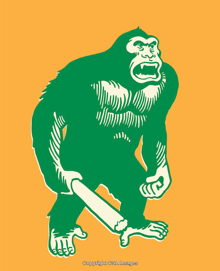 Line Art Illustration of a Gorilla Holding a Club with an Expressive Stance