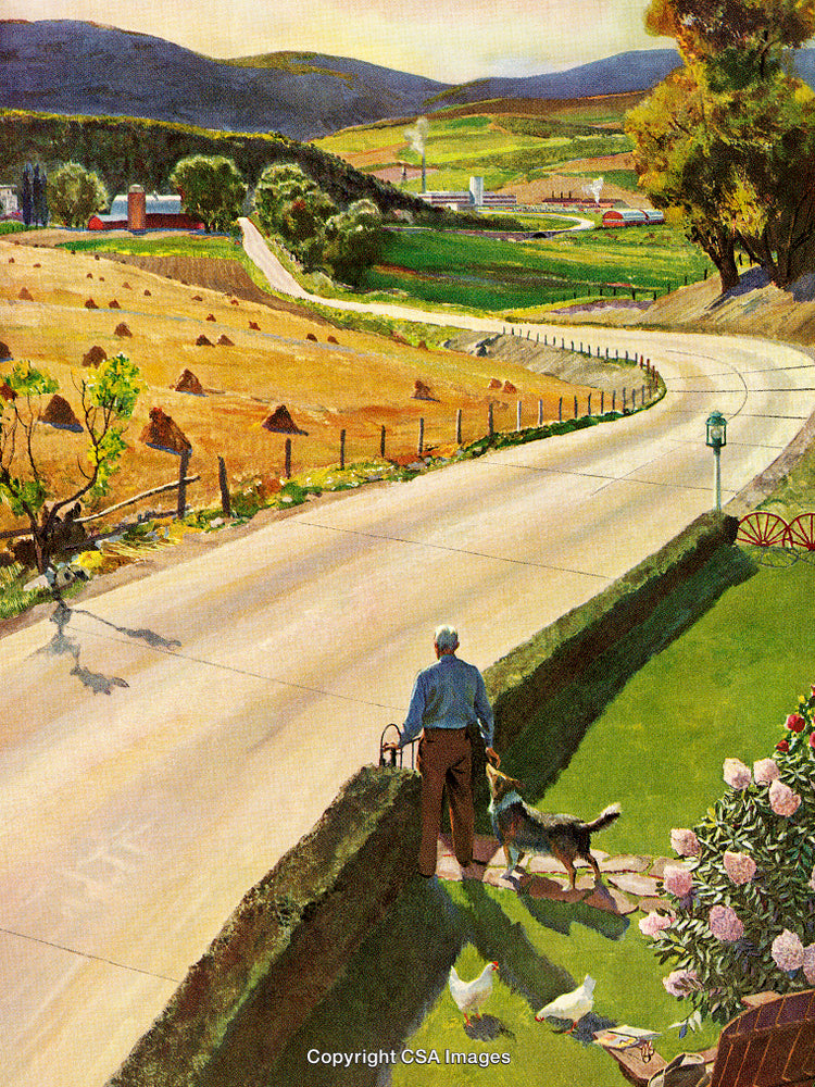 Tranquil Countryside Scene with Farmer, Dog, Chickens, and Rolling Fields