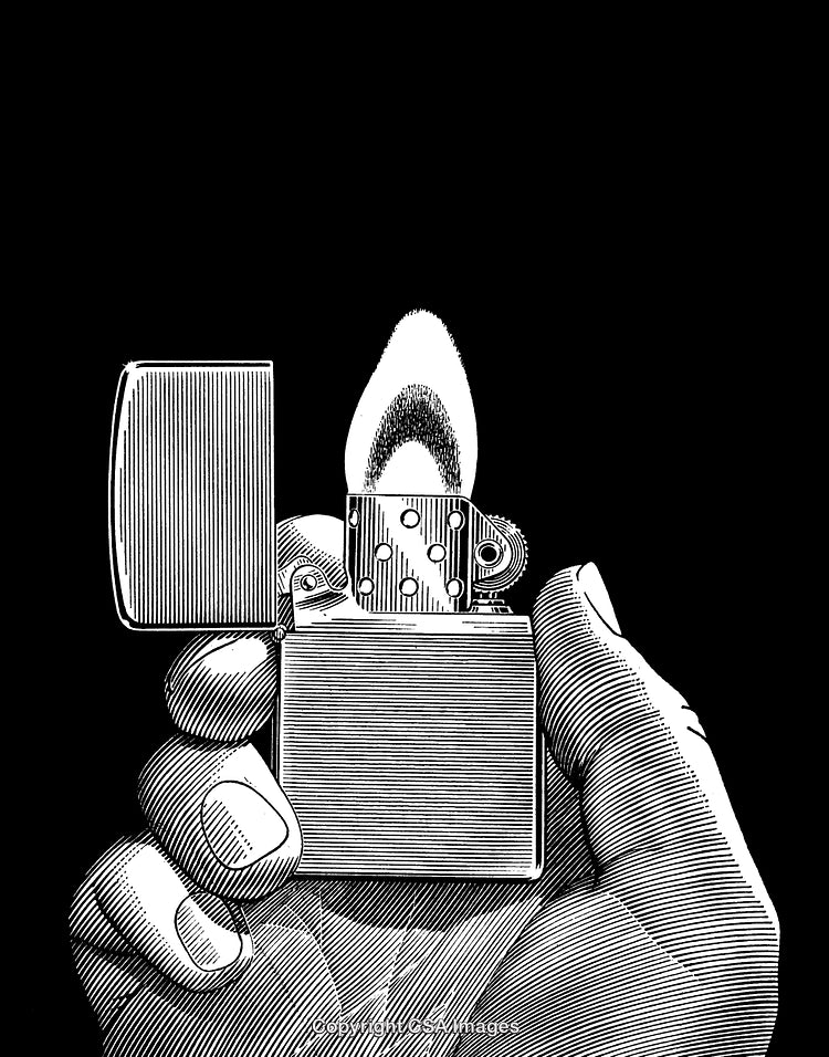 Hand Holding Lit Lighter in Black and White Engraving Detail