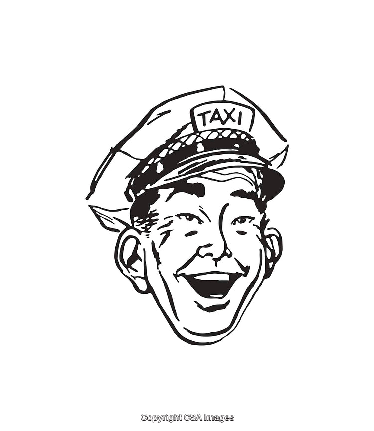 Vintage Black and White Taxi Driver Illustration with Cheerful Expression