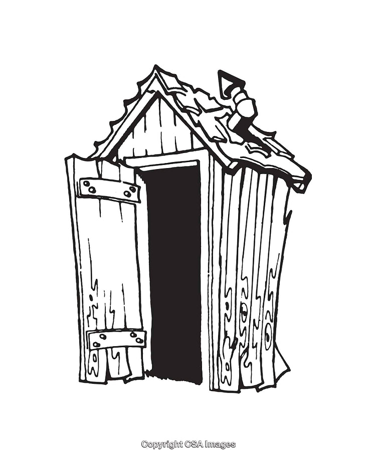 Rustic Wooden Cabin Line Art With Detailed Roof and Open Door