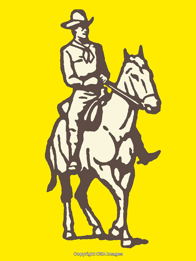 Western Styled Line Art of Cowboy Riding a Horse on Yellow Background