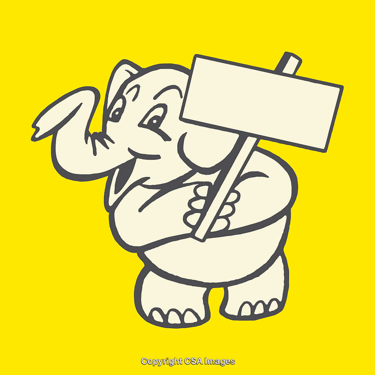 Cartoon Elephant Holding Blank Sign on Bright Yellow Background