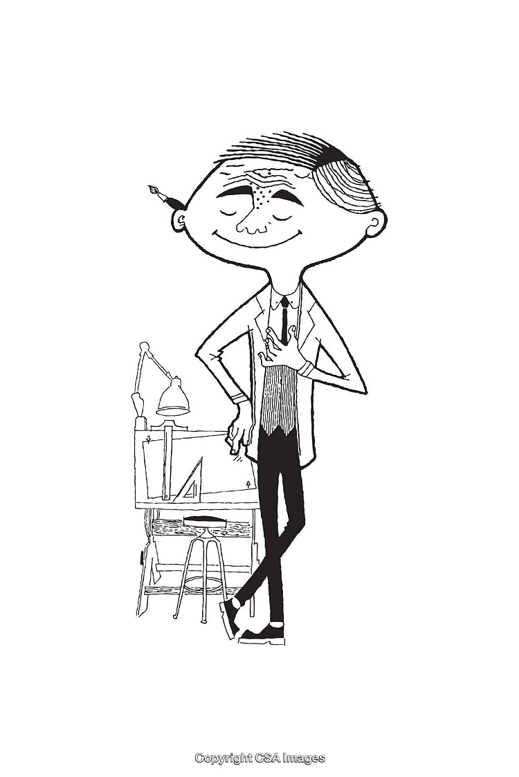 Creative Line Art Illustration of a Gleeful Man at a Work Desk