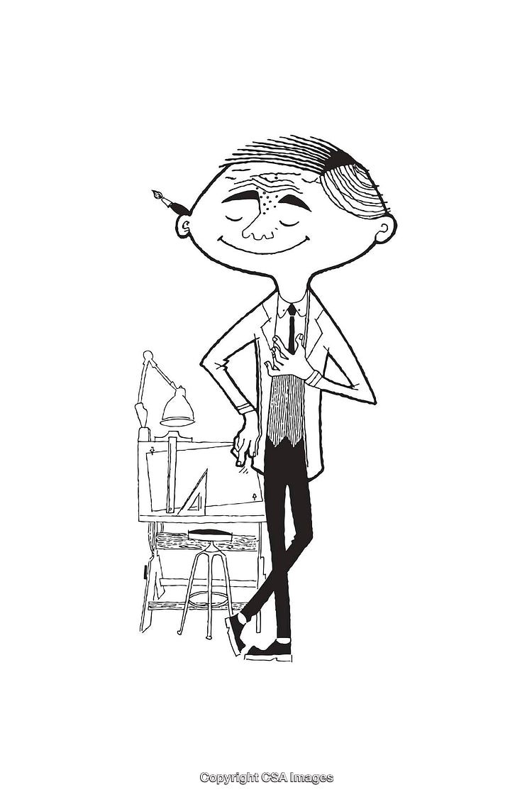 Creative Line Art Illustration of a Gleeful Man at a Work Desk