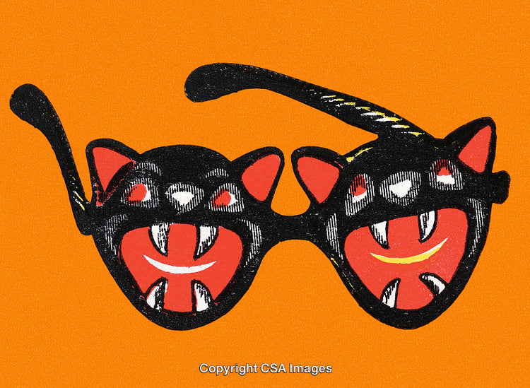 Retro Halloween-Themed Cat Motif Sunglasses on Orange Background