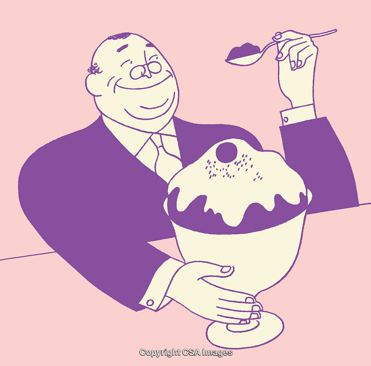 Cartoon Illustration of a Man Enjoying a Large Dessert in a Bowl