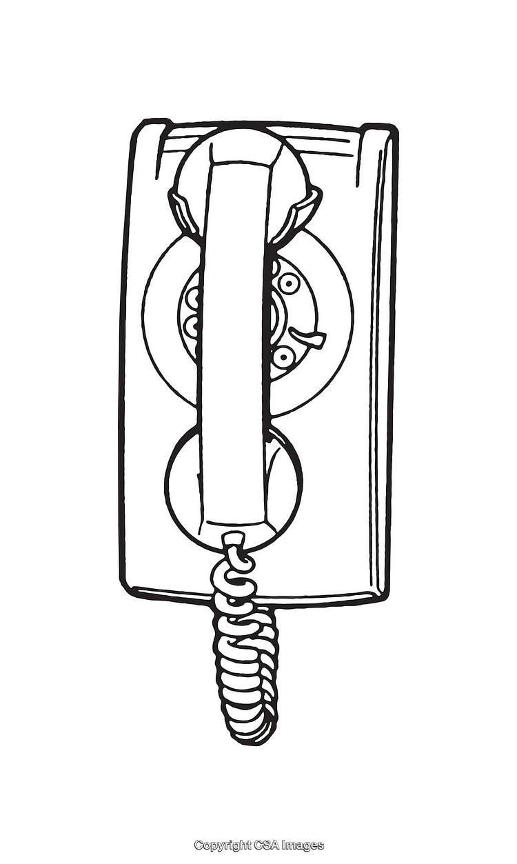 Black and White Line Art of a Wall-Mounted Rotary Telephone