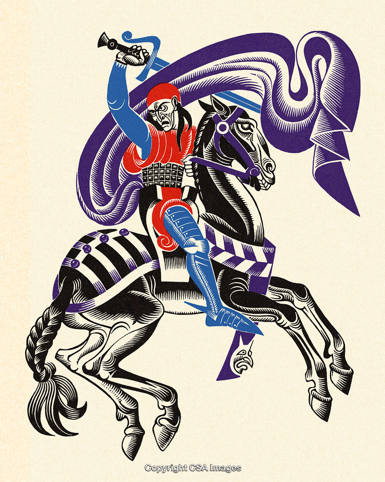 Knight in Vibrant Colors Riding a Majestic Horse in Medieval Style