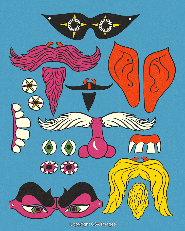 Colorful Illustration of Quirky Cartoon Accessories on Blue Background