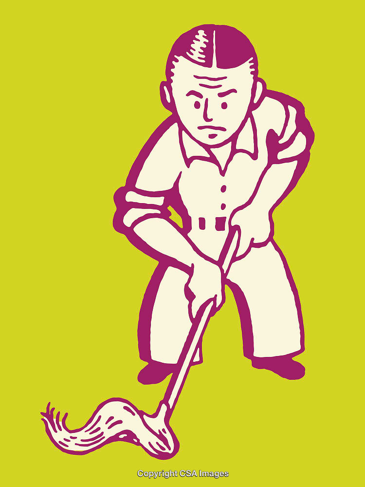 Retro Style Illustration of a Man Cleaning the Floor With a Mop