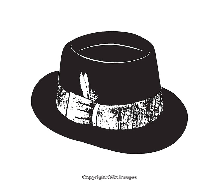 Vintage Black and White Fedora Hat with Feather Line Art Illustration