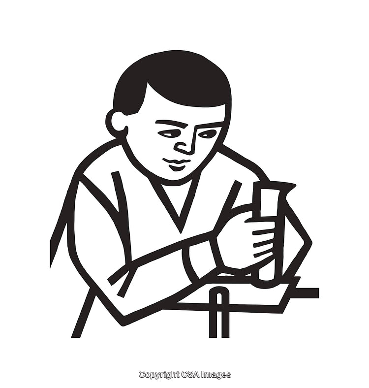 Black and White Line Art of a Person Conducting Science Experiment