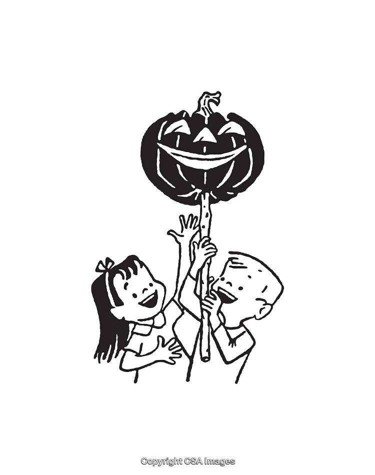 Happy Children Holding a Jack-O'-Lantern on a Pole in Line Art