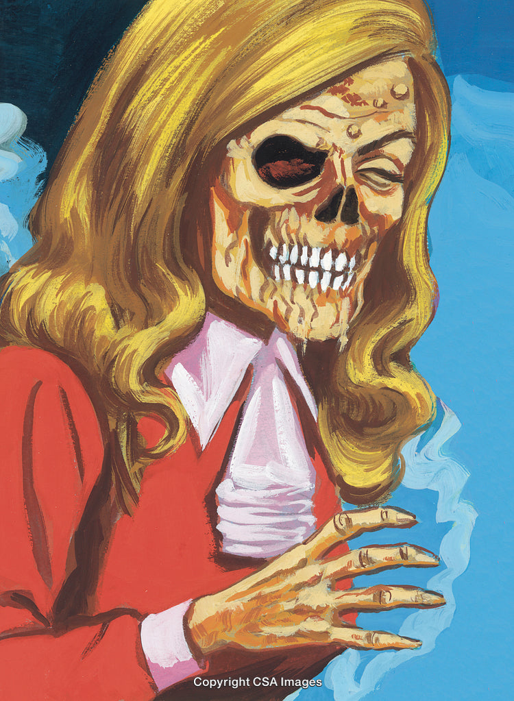 Illustration of a Skeletal Ghoul Figure With Blond Hair and Red Clothing