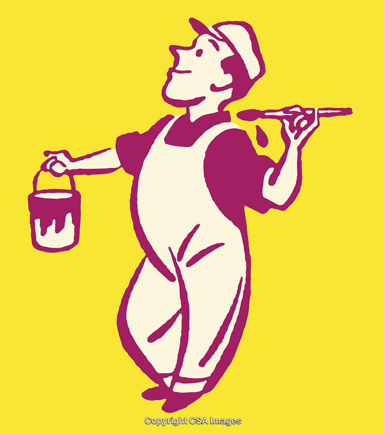Colorful Line Art Illustration of Painter with Paint Bucket and Brush