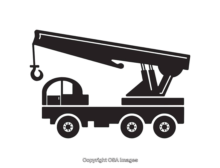 Mobile Crane Black and White Illustration with Boom and Hook