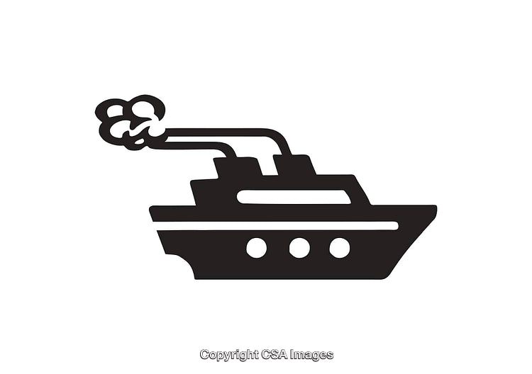 Black and White Line Art of a Ship Icon with Smoke