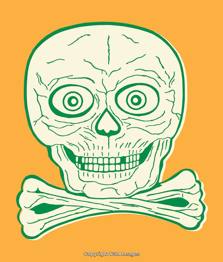 Vivid Line Art Illustration of Skull with Crossbones on Orange Background
