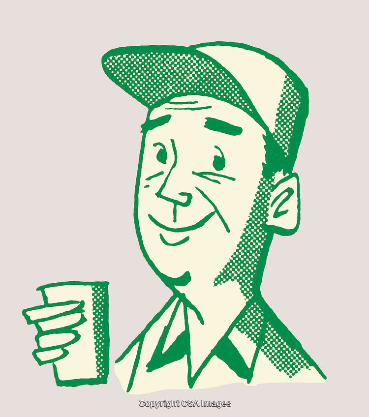 Vintage Line Art Illustration of a Smiling Man Holding a Drink