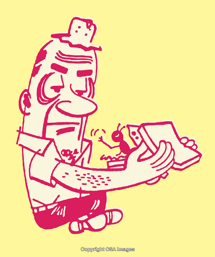 Illustration of a Man Observing a Tiny Insect in Line Art Style