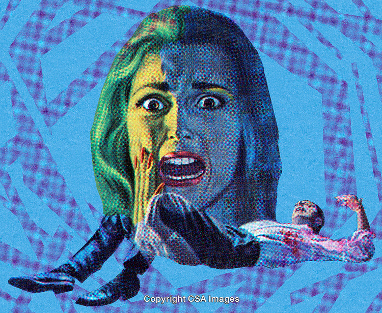 Retro Pop Art Design Featuring Shocked Woman and Fallen Man in Vibrant Colors