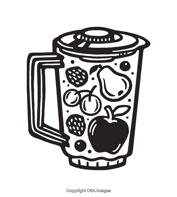 Black and White Line Art Illustration of a Blender With Fruits Inside