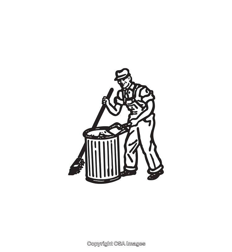 Black and White Line Art of Worker Cleaning with a Broom