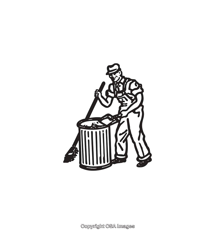 Black and White Line Art of Worker Cleaning with a Broom