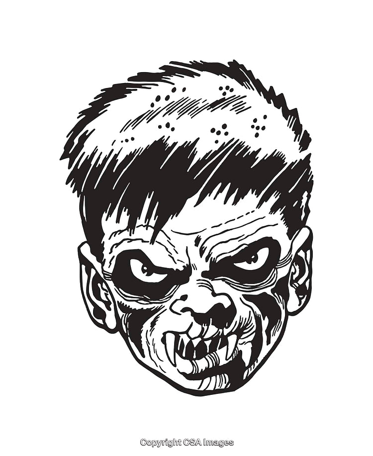 Monochrome Illustration of a Menacing Monster Face with Bold Features