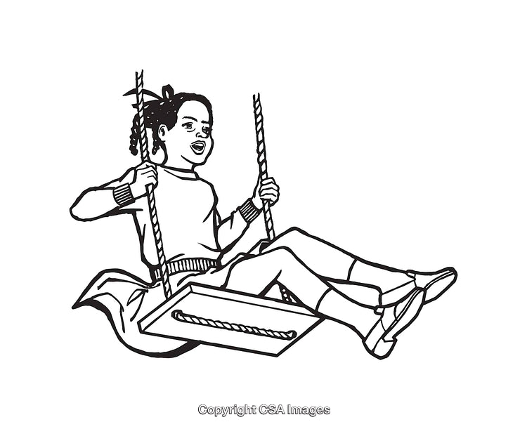 Black and White Illustration of a Child Swinging Happily on a Swing