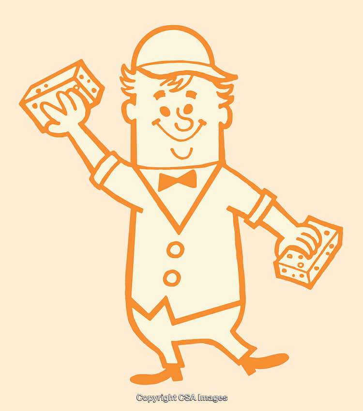 Cartoon Illustration of a Smiling Workman Holding Cleaning Sponges