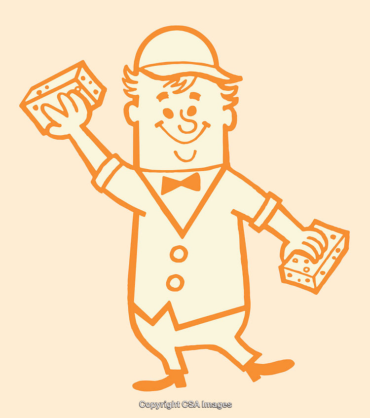 Cartoon Illustration of a Smiling Workman Holding Cleaning Sponges