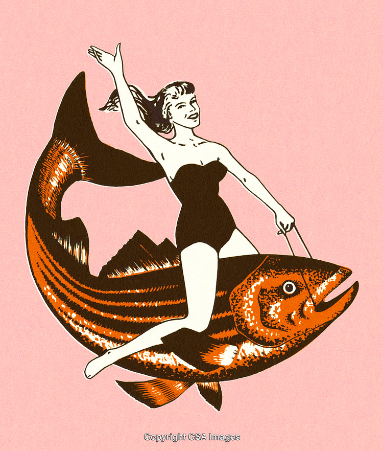 Retro Illustration of Woman Riding a Giant Fish in Cartoon Style