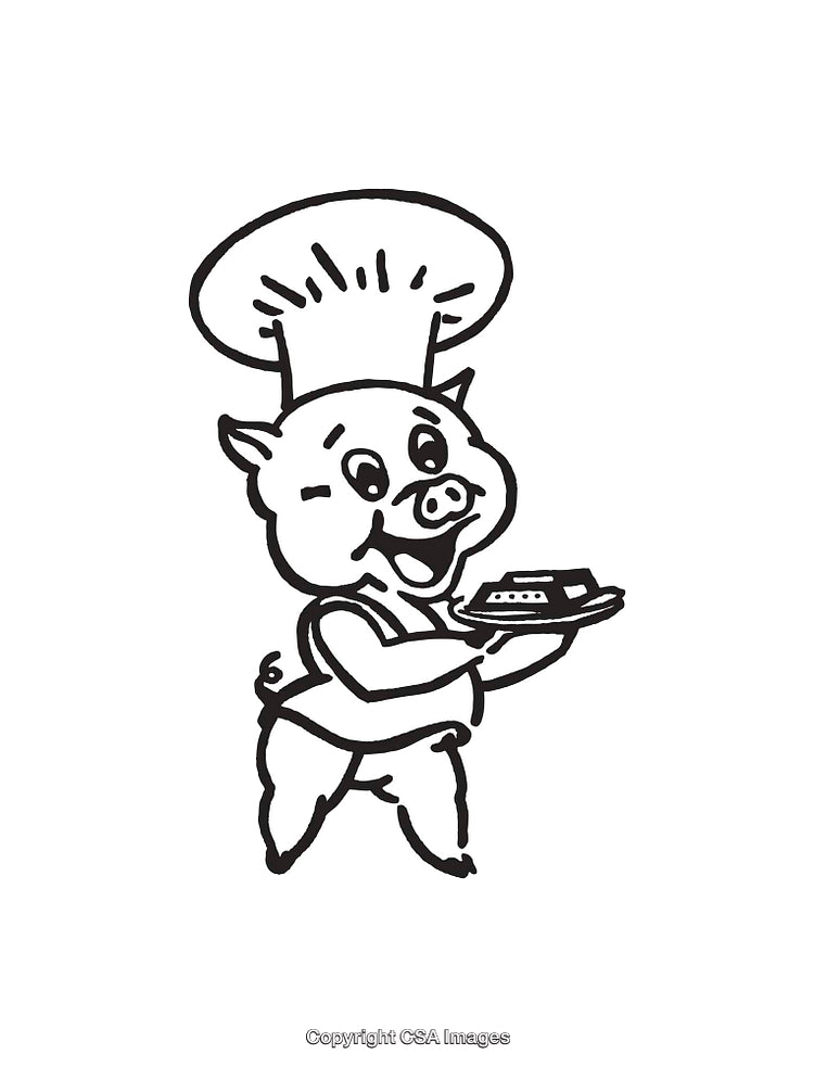 Cute Cartoon Pig Chef Holding a Plate in Black and White Illustration