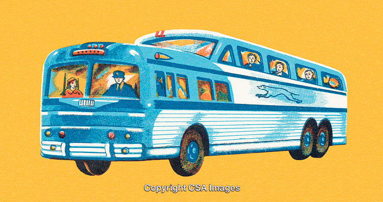 Retro Illustration of Vintage Bus with Passengers and Driver in Nostalgic Style