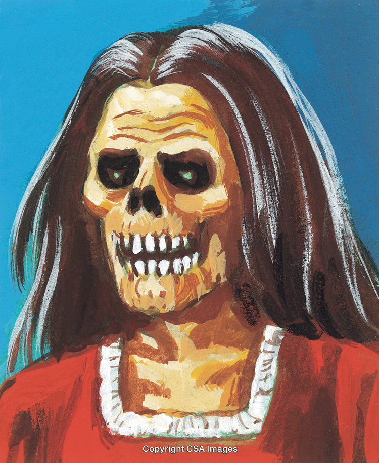 Skeleton Portrait with Long Hair Painted in Surreal Style on Blue Background