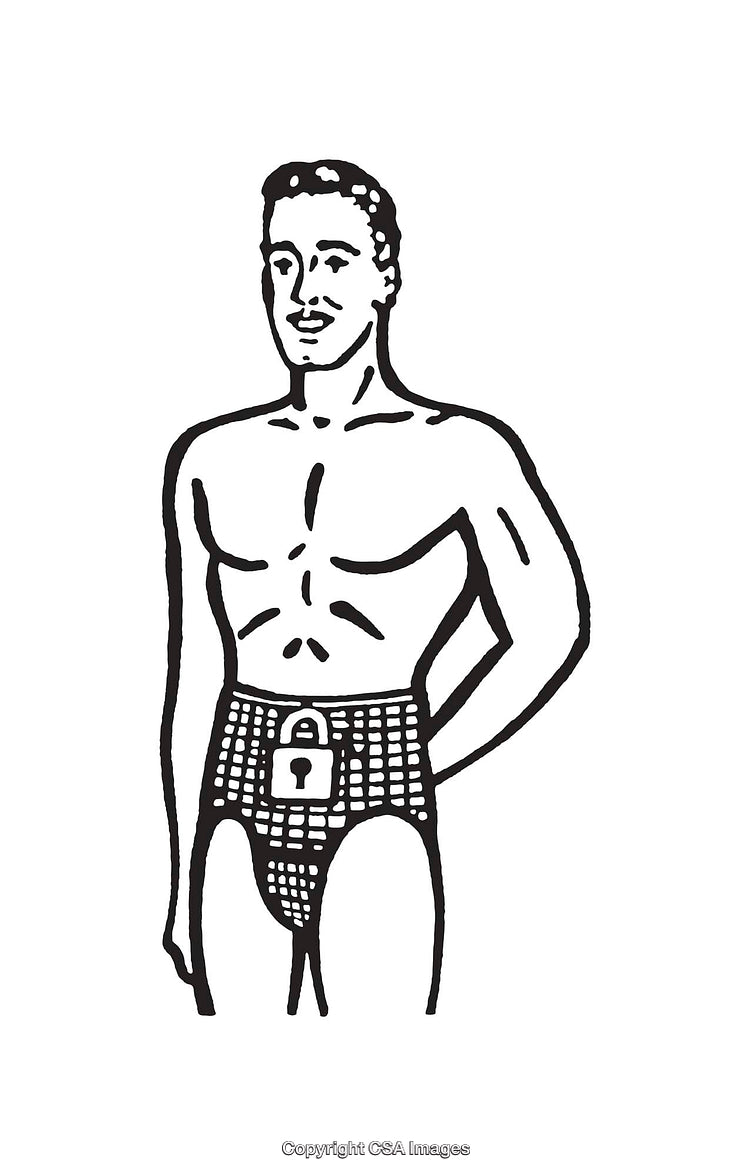 Illustration of a Man Wearing Symbolic Lock-And-Key Attire in Black and White