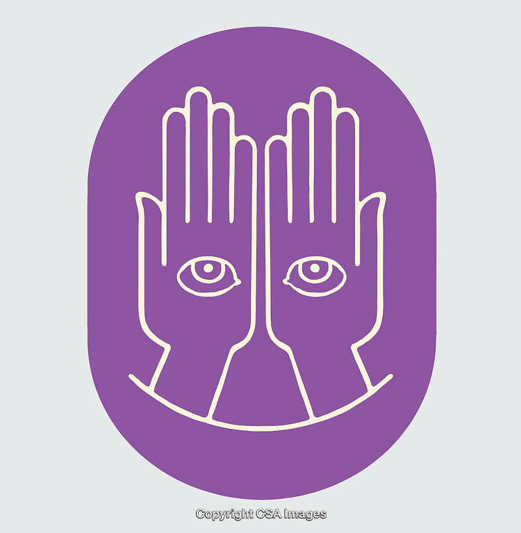 Conceptual Illustration of Two Hands with Eyes in Vibrant Line Art Symbols