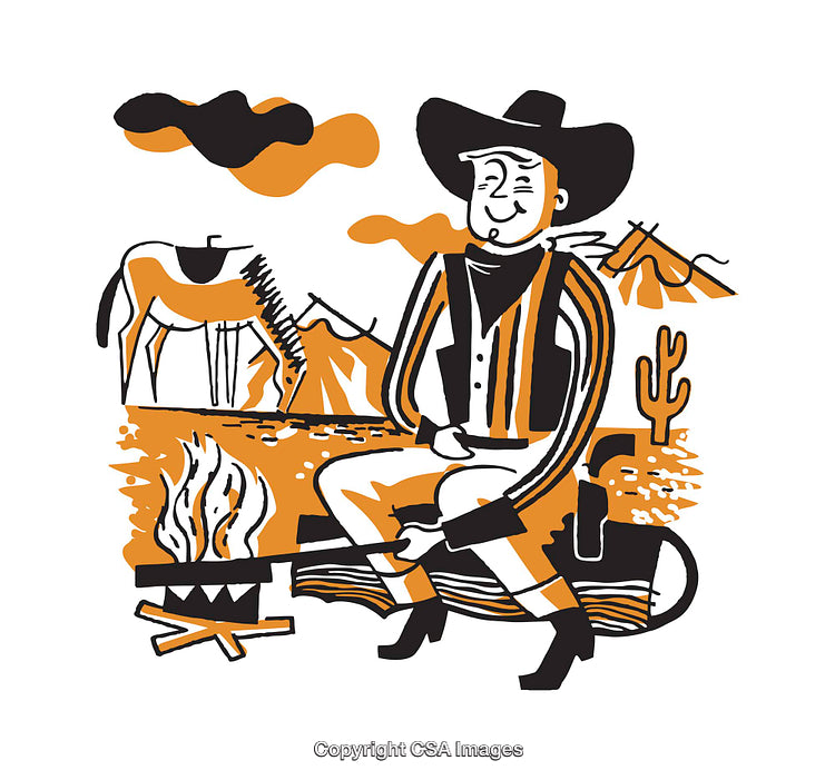Western Cowboy Illustration with Campfire in Vibrant Colors