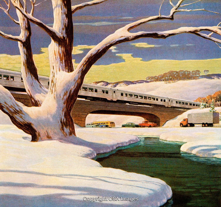 Winter Landscape with Bridge, Train, River, and Vehicles Passing by
