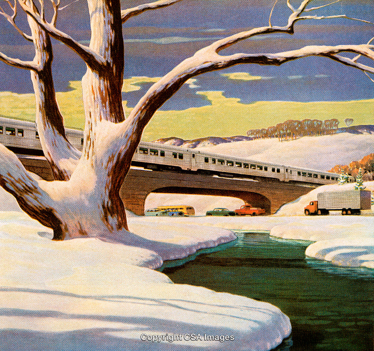 Winter Landscape with Bridge, Train, River, and Vehicles Passing by