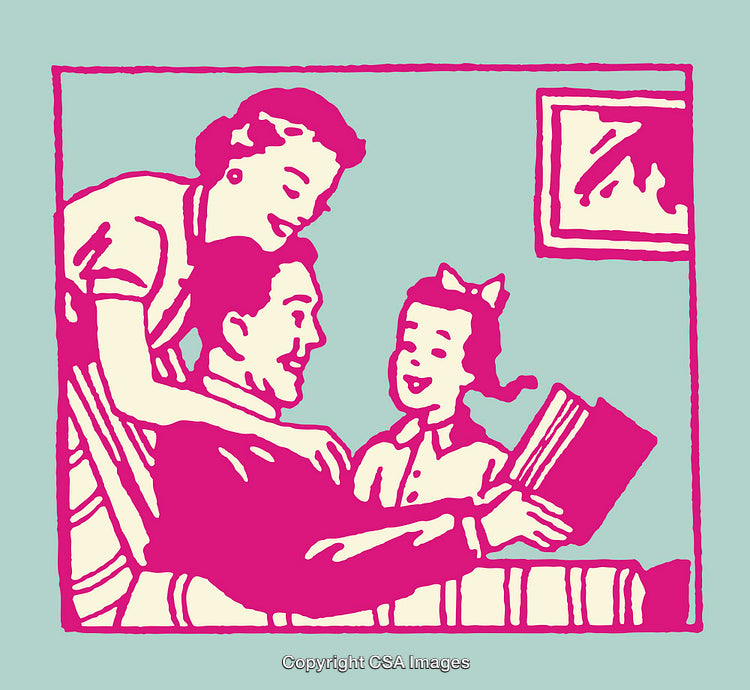 Vintage Illustration of Happy Family Reading Together in Line Art Style