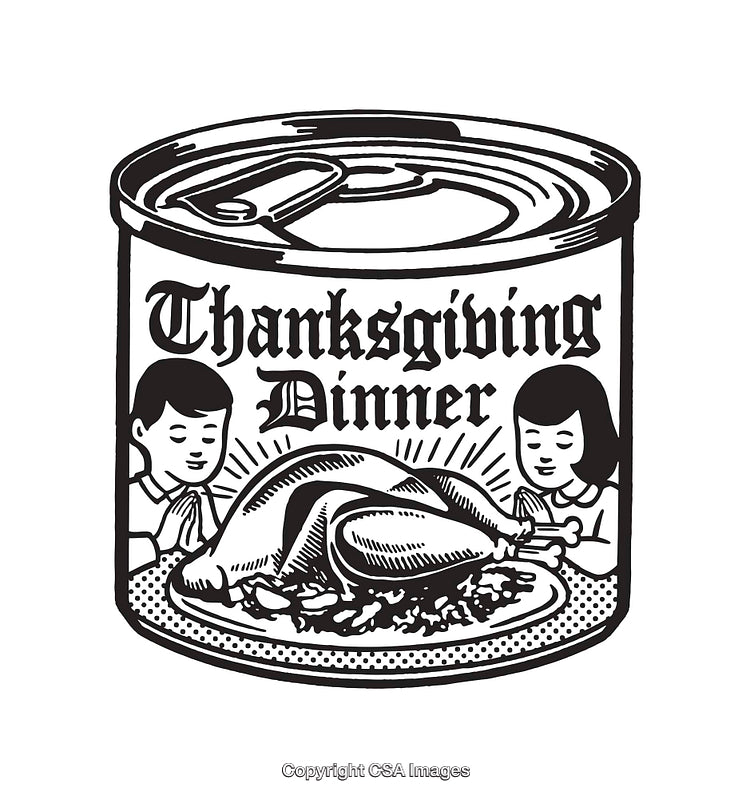 Vintage Thanksgiving Dinner Can Illustration Featuring a Turkey and Family