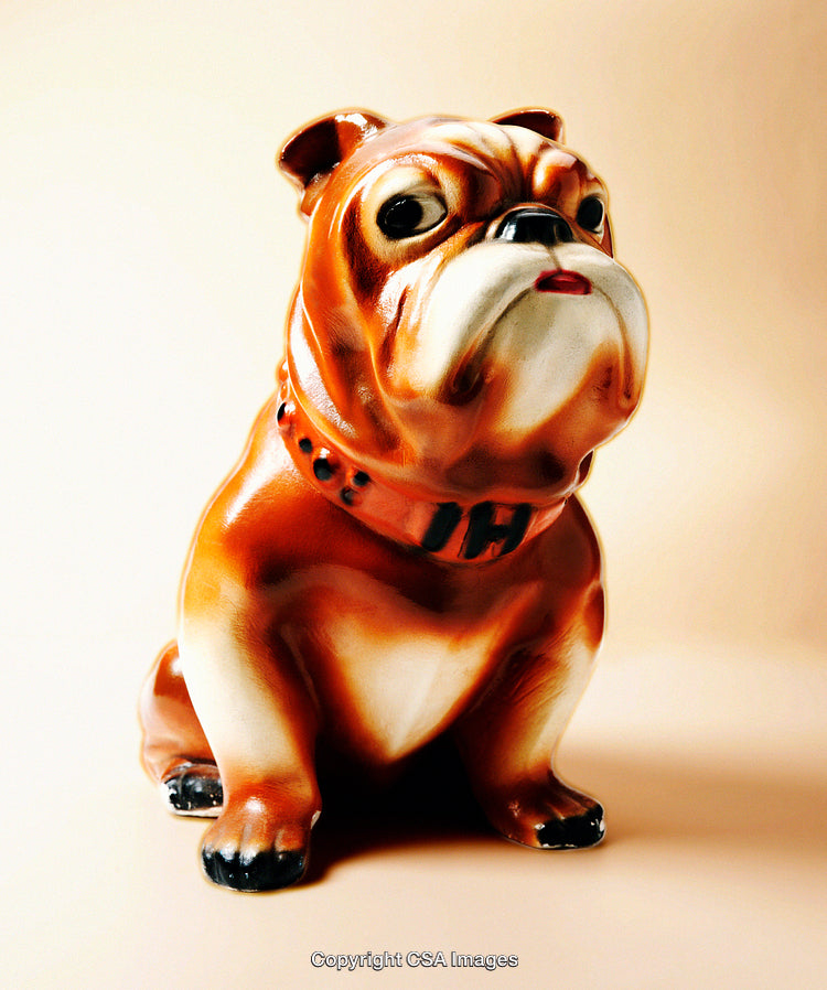 Ceramic Bulldog Figurine with Vintage Finish and Collar Detail on Neutral Background