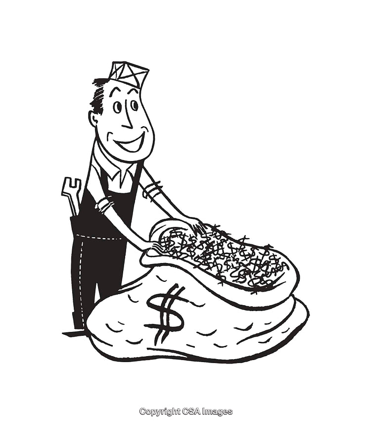 Cartoon Worker With Bag of Money and Hand Tool