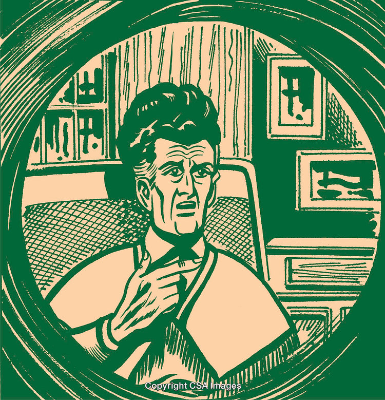 Vintage Illustration of a Concerned Man in a Stylish Green and Beige Setting