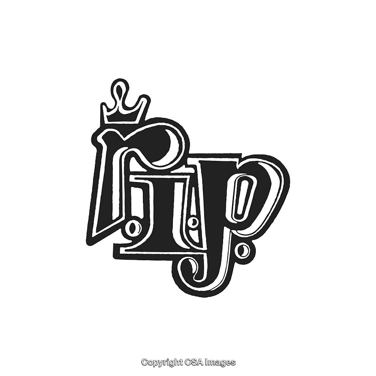 Vintage Style RIP Illustration with Decorative Letters and a Small Crown Detail